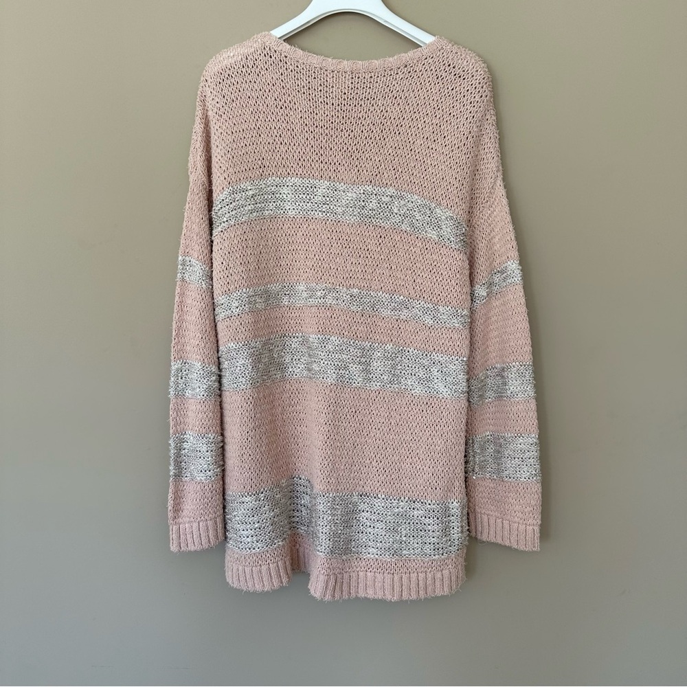 Chico’s Large (3) Pink Sweater Marley Sparkle Stripe Pullover Tunic Length Fall - Picture 7 of 9